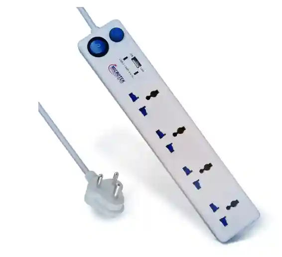  MICROTEK Spike Guard With Usb Charger, 1.5M Extension Cord, 4 Sockets (6A, 1500W) With 1 Switch, 5 Volts, White